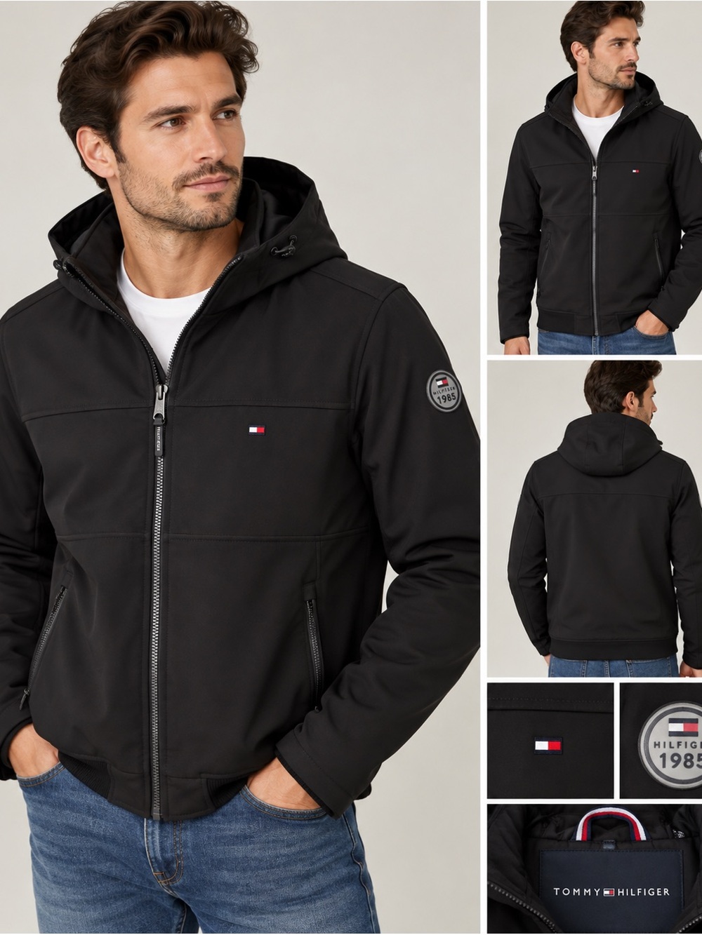 Tommy Hilfiger Men’s Black Hooded Jacket Size Large Full Zip Excellent Condition